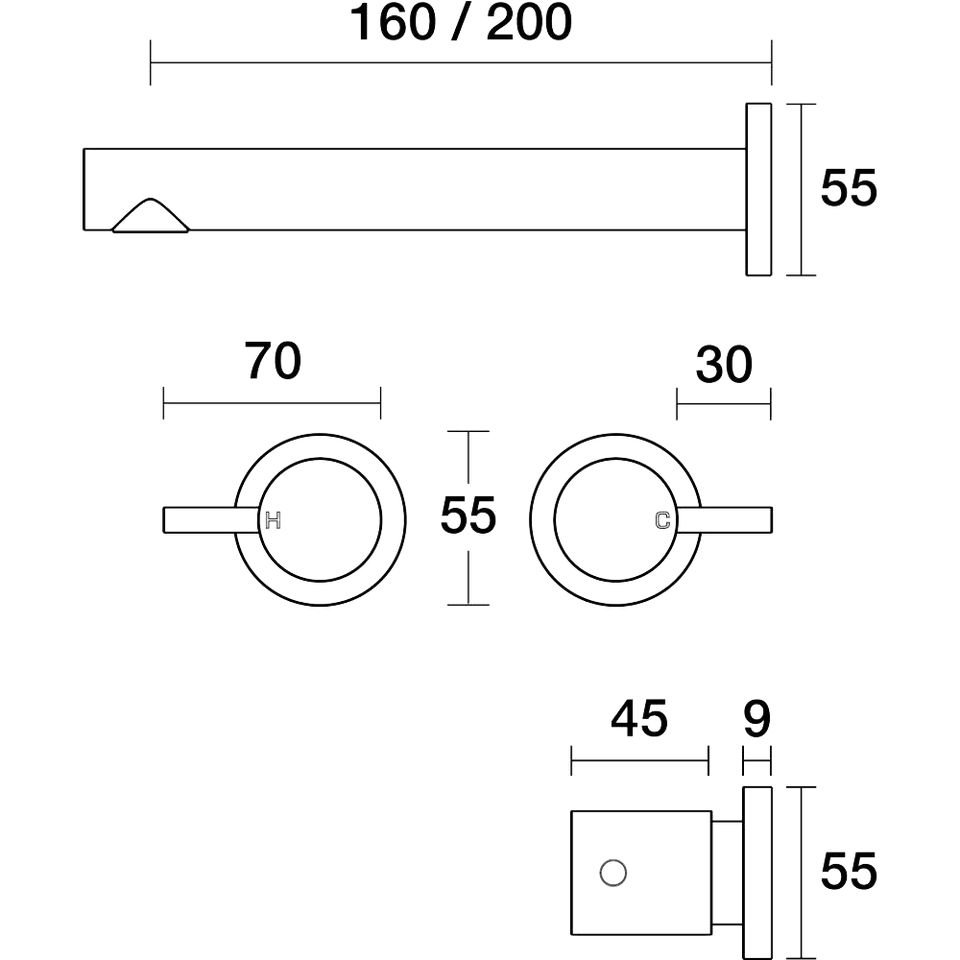 PAR Taps Lugano Wall Bath Set 200mm Fixed Lever Ceramic Disc technical drawing (B22.022.1)