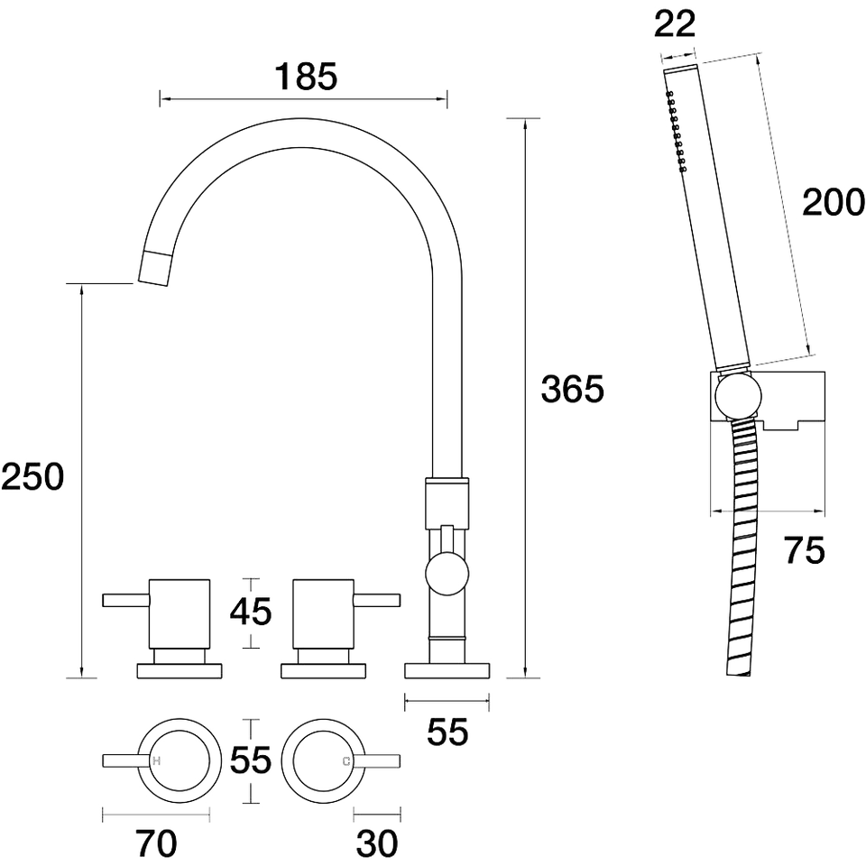 PAR Taps Lugano Spa Set Swivel Divertor Set Gooseneck with Handshower &amp; Bracket - Matt White (B22.061.5.33)