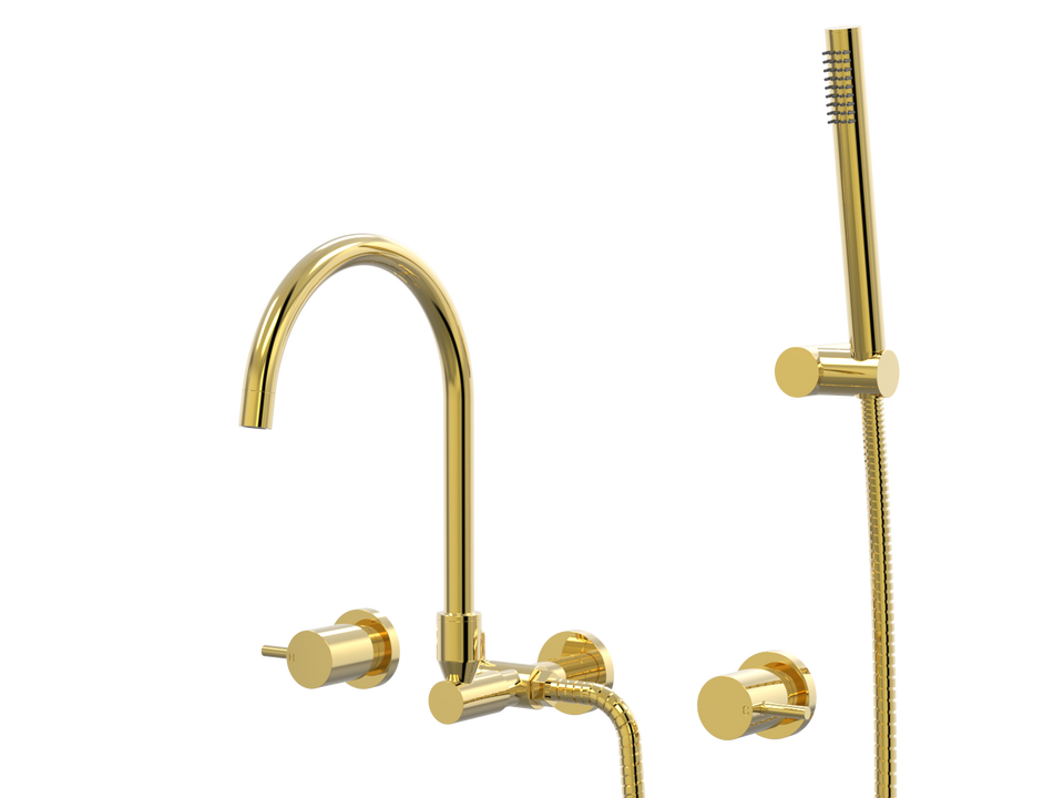 PAR Taps Lugano Spa Set Wall Swivel Divertor Set Gooseneck with Handshower &amp; Bracket - 23k Gold (B22.062.5.11)