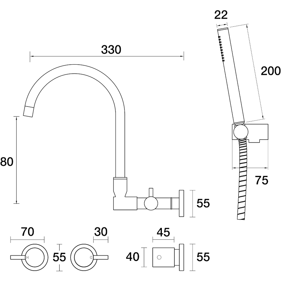 PAR Taps Lugano Spa Set Wall Swivel Divertor Set Gooseneck with Handshower & Bracket technical drawing (B22.062.5)
