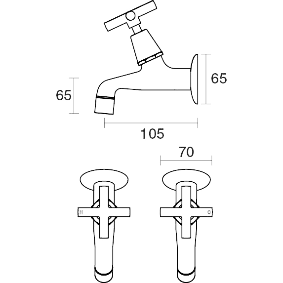 PAR Taps Portsea Female Bibs Wall Pair technical drawing (B29.121.1)