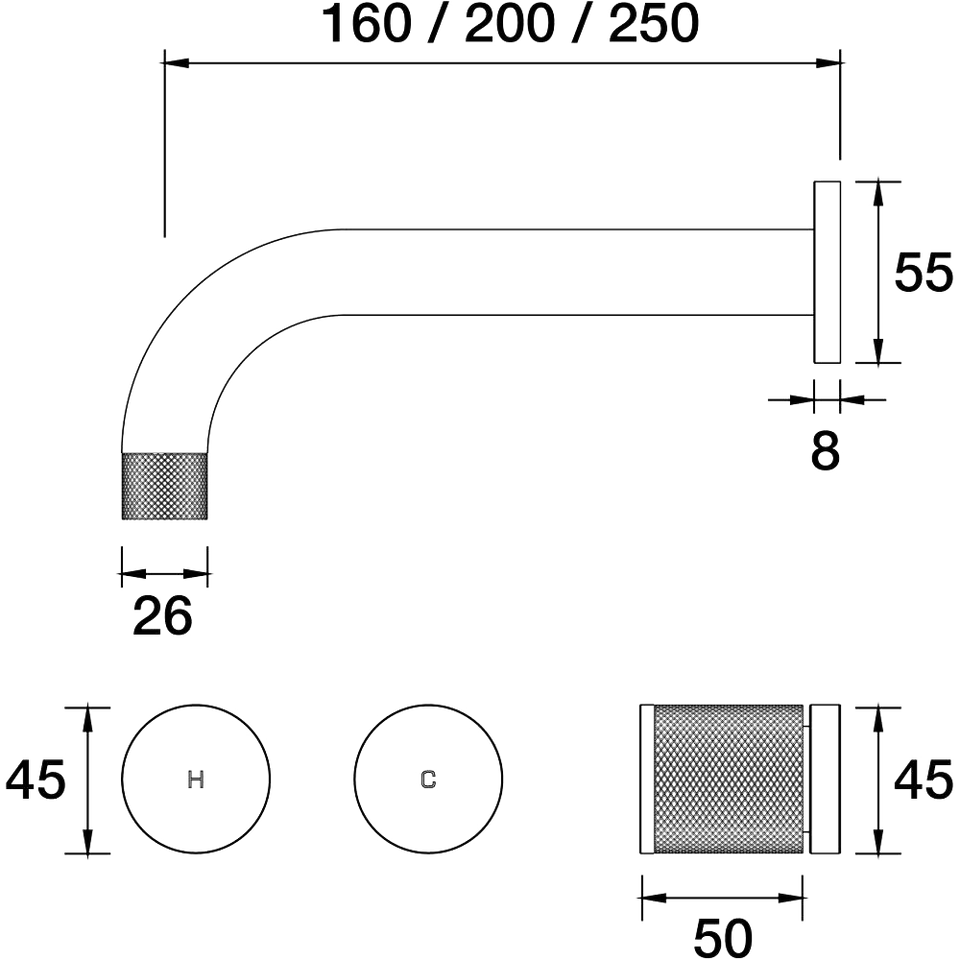 PAR Taps IDK Wall Bath Set 160mm Outlet technical drawing (B38.021.2)