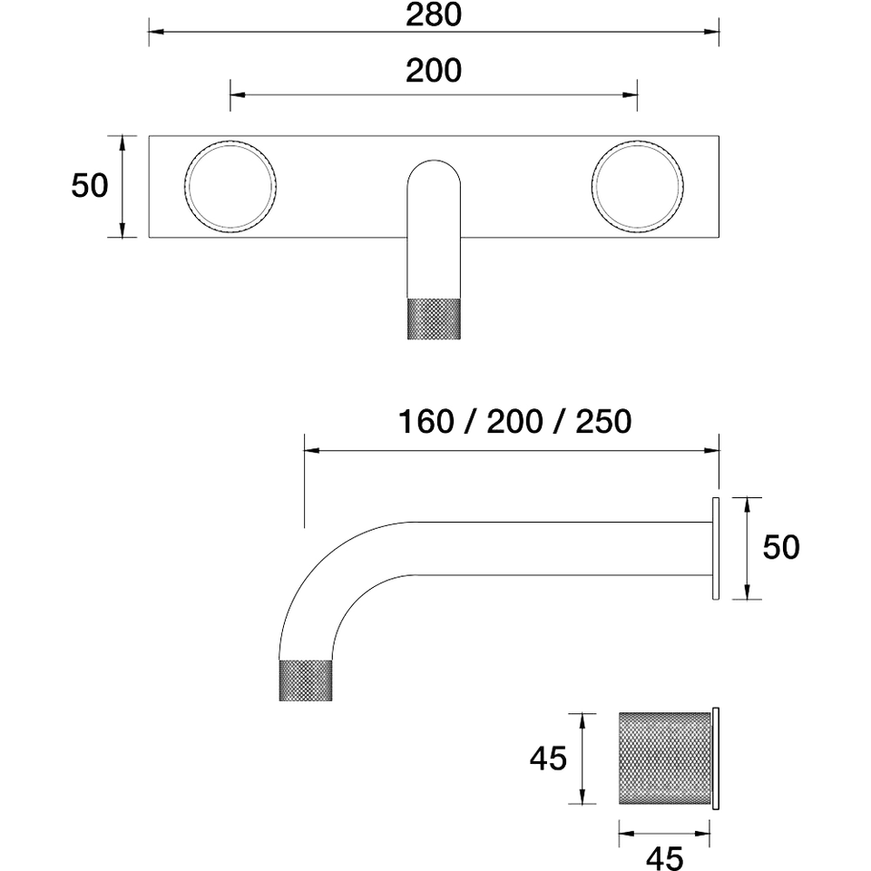 PAR Taps IDK Marble Wall Bath Set 160mm Fixed Nero Marble on Plate technical drawing (B39.021.4)