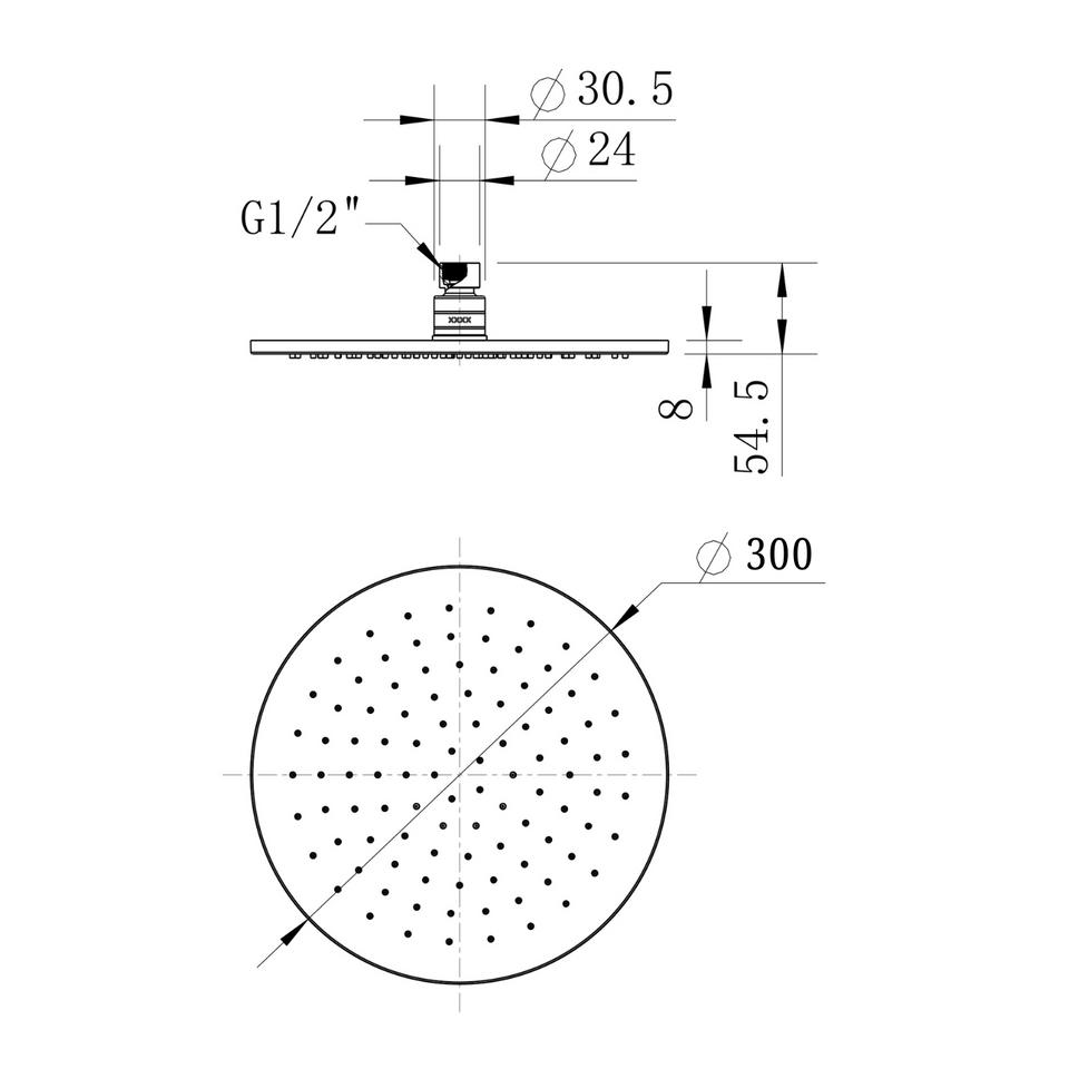 Modern National Brass Round Shower Head 300mm technical drawing (BAR300BK)