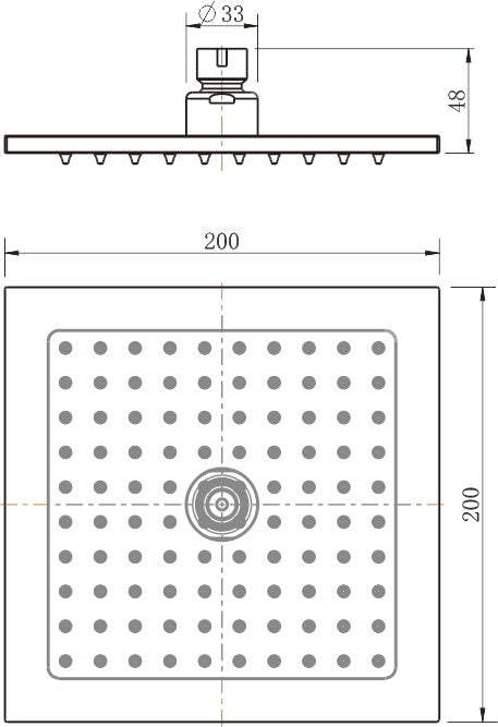 Modern National Square Shower Head 200mm technical drawing (BAS200)