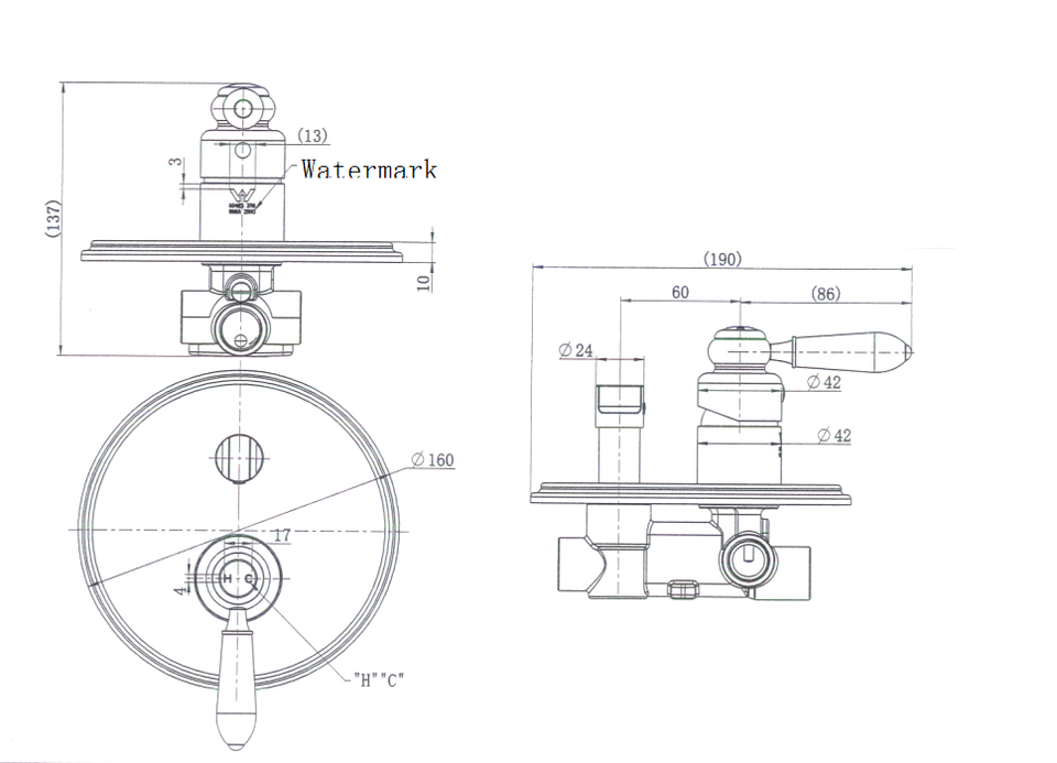 Modern National Bordeaux Shower Diverter Mixer technical drawing (BOR009BK)