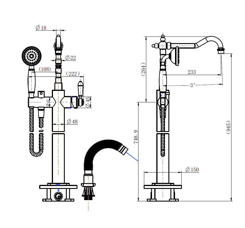 Modern National Bordeaux Freestanding Bath Mixer with Hand Shower technical drawing (BOR012BK)
