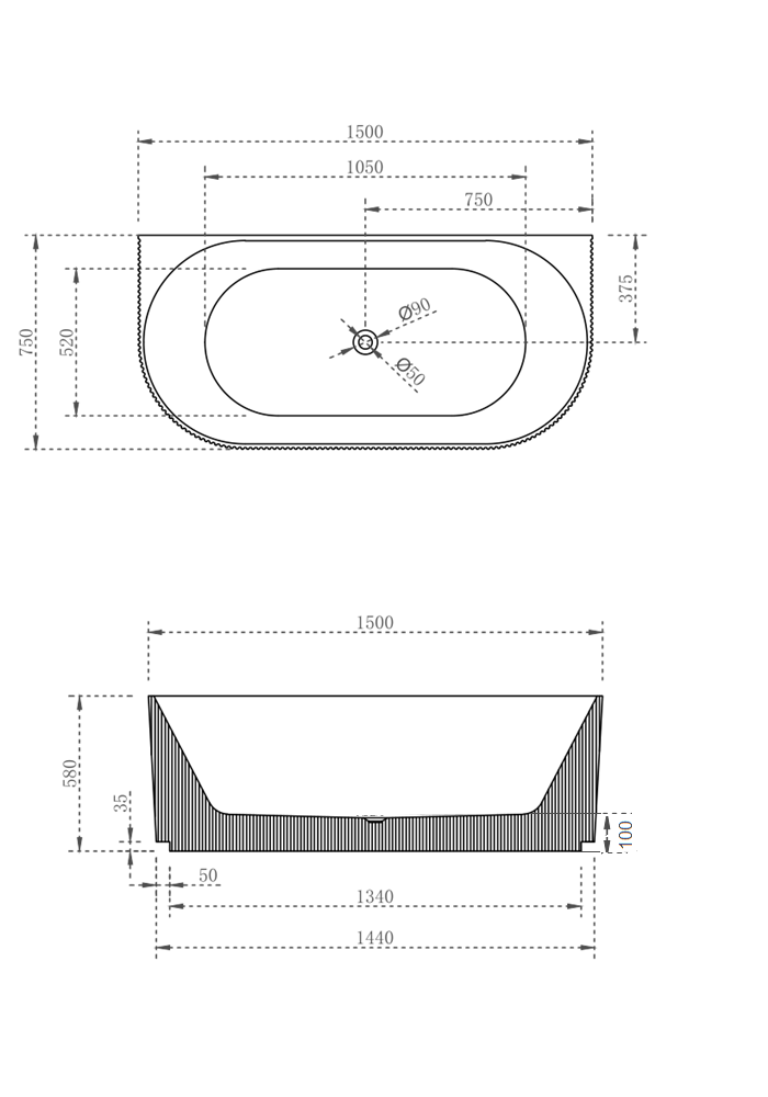 V-Groove Round Back To Wall Bath