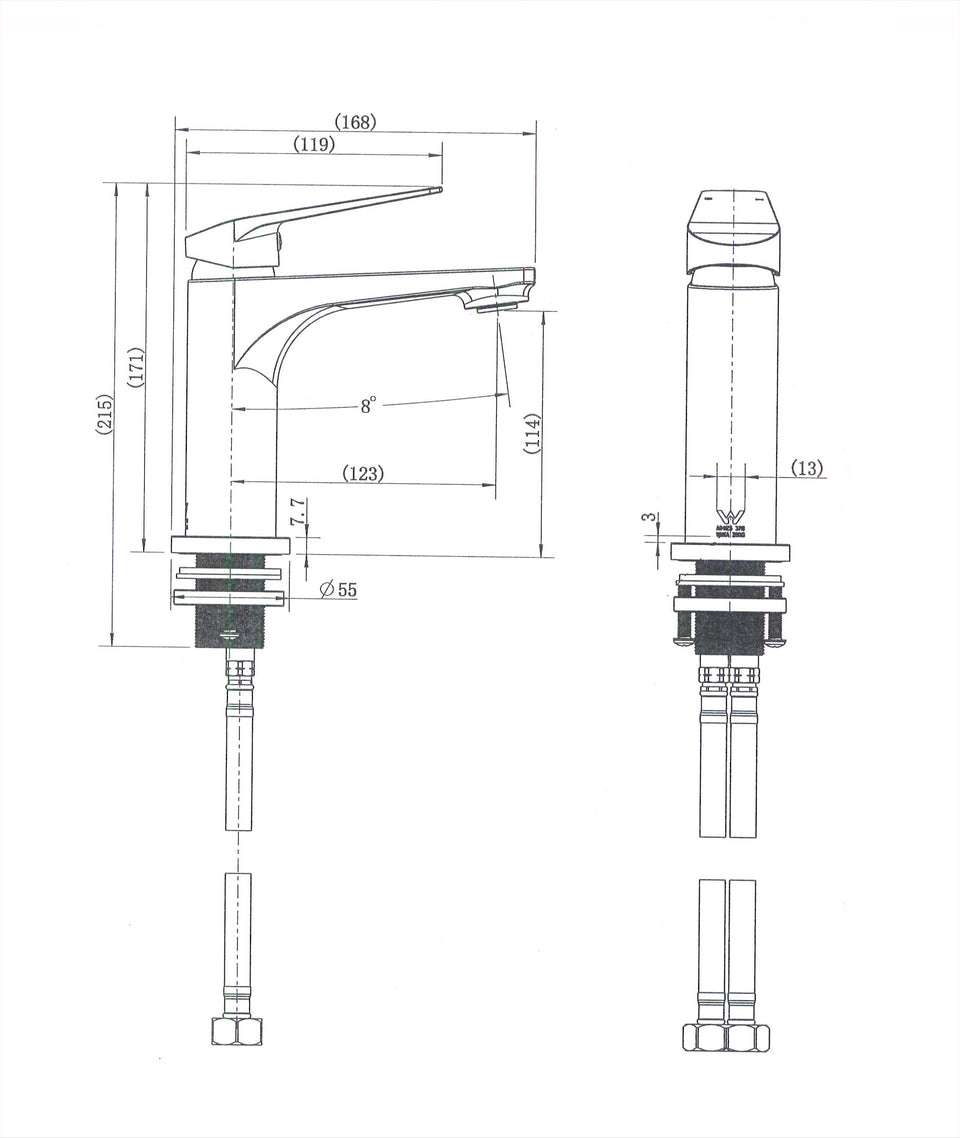 Modern National Cascade Basin Mixer technical drawing (CAS001BK)