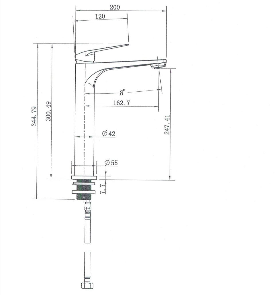 Modern National Cascade High Rise Basin Mixer technical drawing (CAS002BK)
