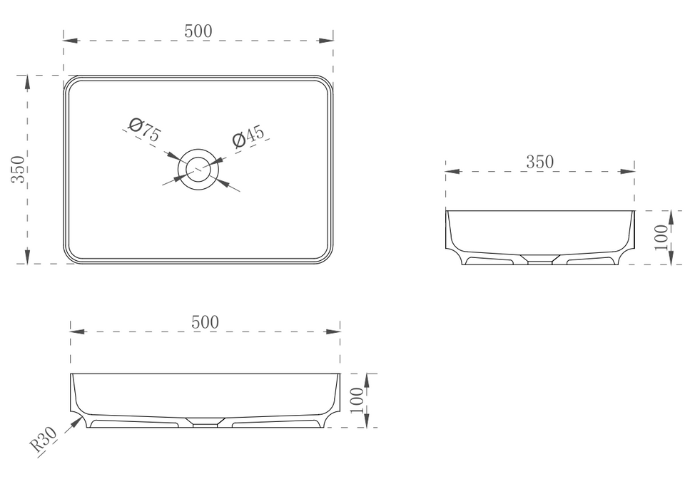Wow Translucency Rectangular Above Counter Basin - technical drawing