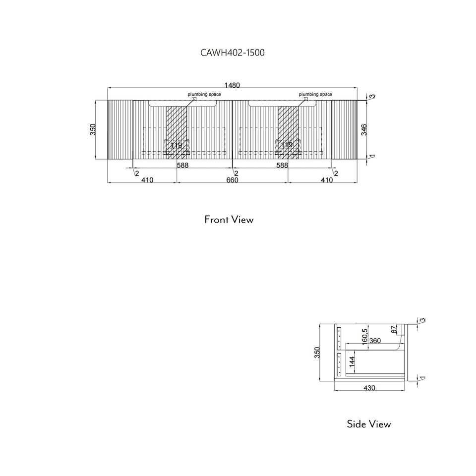 Aulic Petra Mark II Wall Hung 1500mm CAWH402-1500-Size