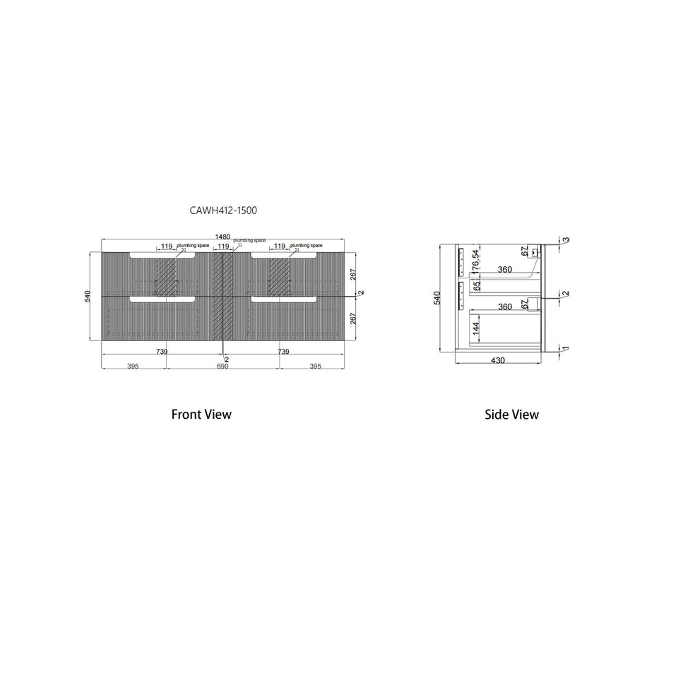 Aulic Verona Mark II Wall Hung 1500mm CAWH412-1500-Size