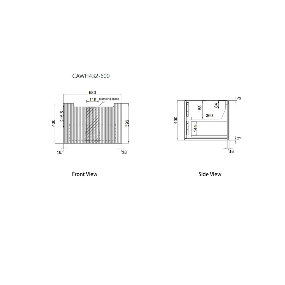 Aulic Perla Mark II Wall Hung 600mm CAWH432-600-Size