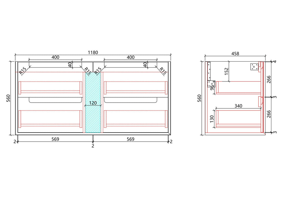 Aulic Flauto Wall Hung 1200mm CAWH50-1200 line drawing
