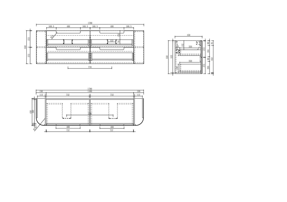 Aulic Varcelli Tier Wall Hung 1800mm CAWH54-1800 line drawing