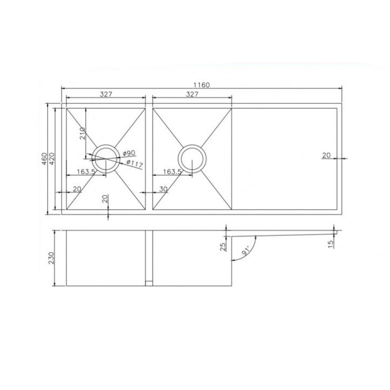 1160x460x230mm 1.2mm Handmade Top/Undermount Double Bowls Kitchen Sink (CH1146.KS)