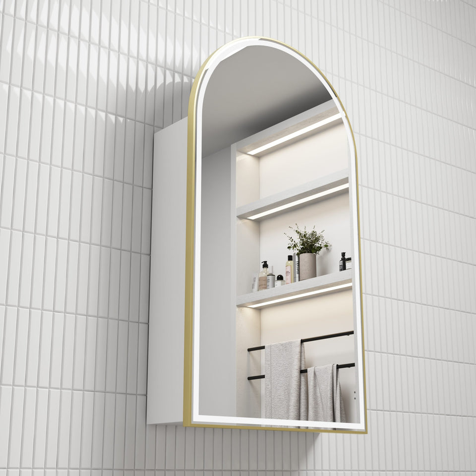 Aulic Canterbury LED Shaving Cabinet Canterbury-Matte White-Brushed Gold Frame