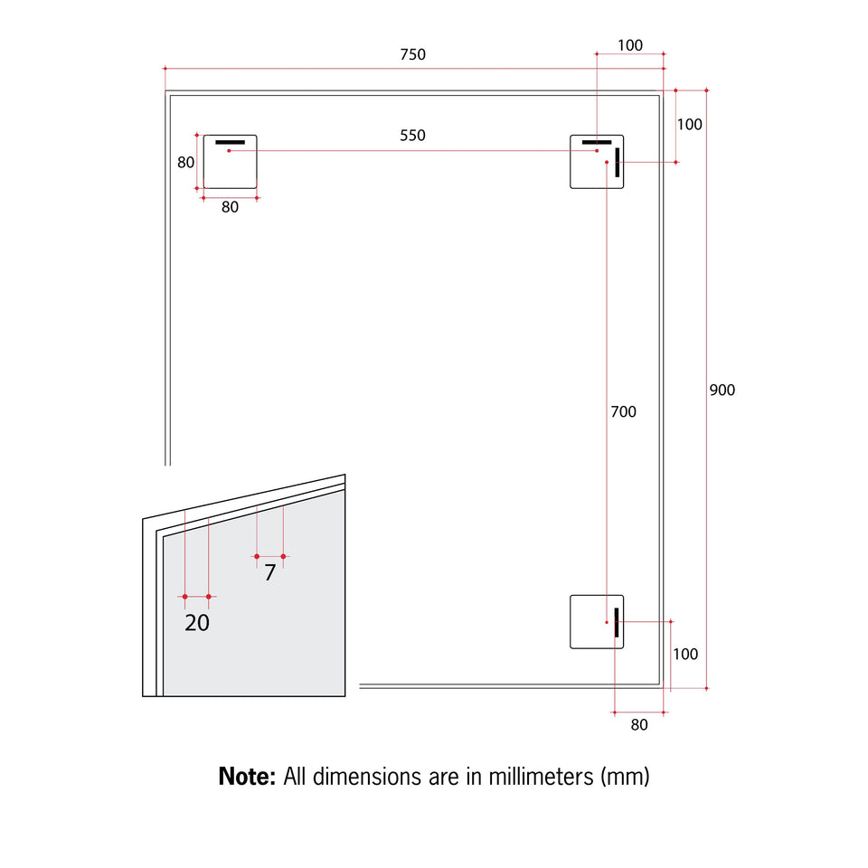 Ablaze CS9075W Rectangular White Framed Mirror technical drawing (CS9075W)