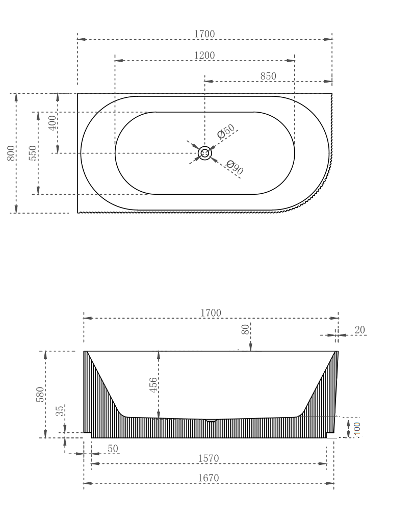 V-Groove Corner Back To Wall Bath