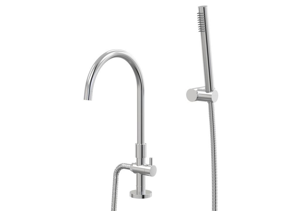 PAR Taps Lugano Spa Hob Swivel Divertor Gooseneck Outlet with Handshower - Brushed Chrome (D22.042.3.02)