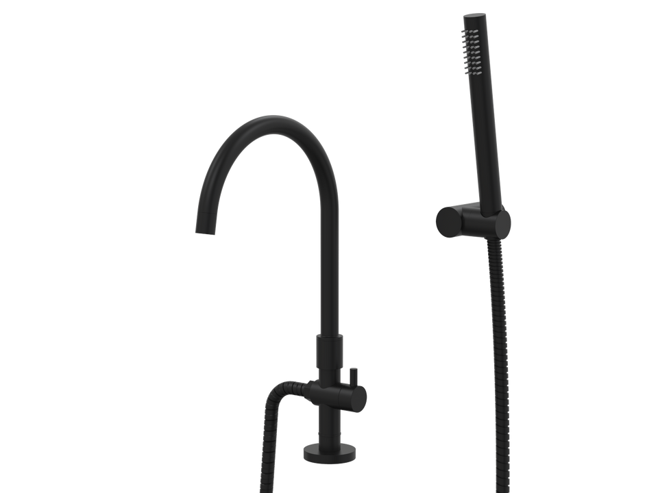 PAR Taps Lugano Spa Hob Swivel Divertor Gooseneck Outlet with Handshower - Matt Black (D22.042.3.34)