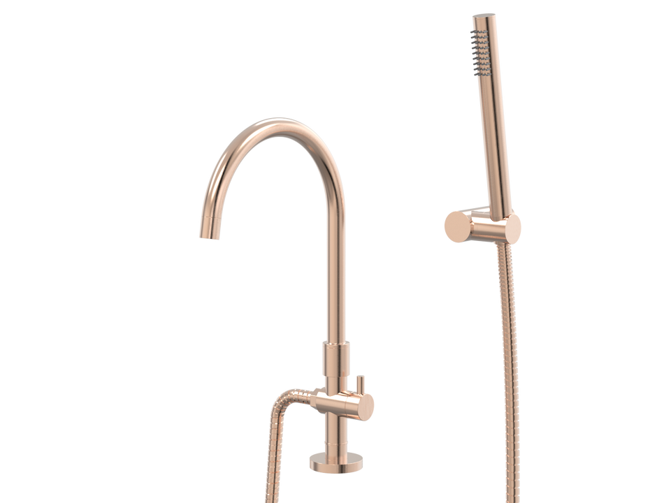 PAR Taps Lugano Spa Hob Swivel Divertor Gooseneck Outlet with Handshower - Brushed Rose Gold (D22.042.3.21)