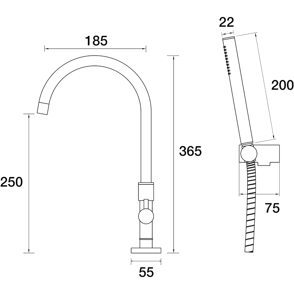 PAR Taps Portsea Spa Hob Swivel Divertor Outlet with Handshower &amp; Bracket technical drawing (D29.042.3)