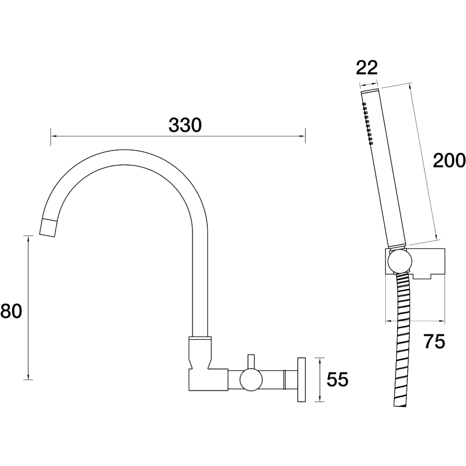 PAR Taps Portsea Spa Wall Swivel Outlet Divertor Outlet with Handshower & Bracket technical drawing (D29.044.3)