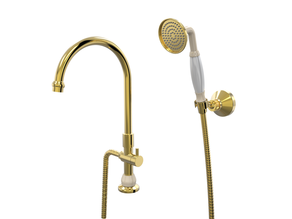 PAR Taps Tudor Spa Hob Swivel Divertor Outlet with Handshower &amp; Bracket - Gold / Ivory (D31.042.2.14)