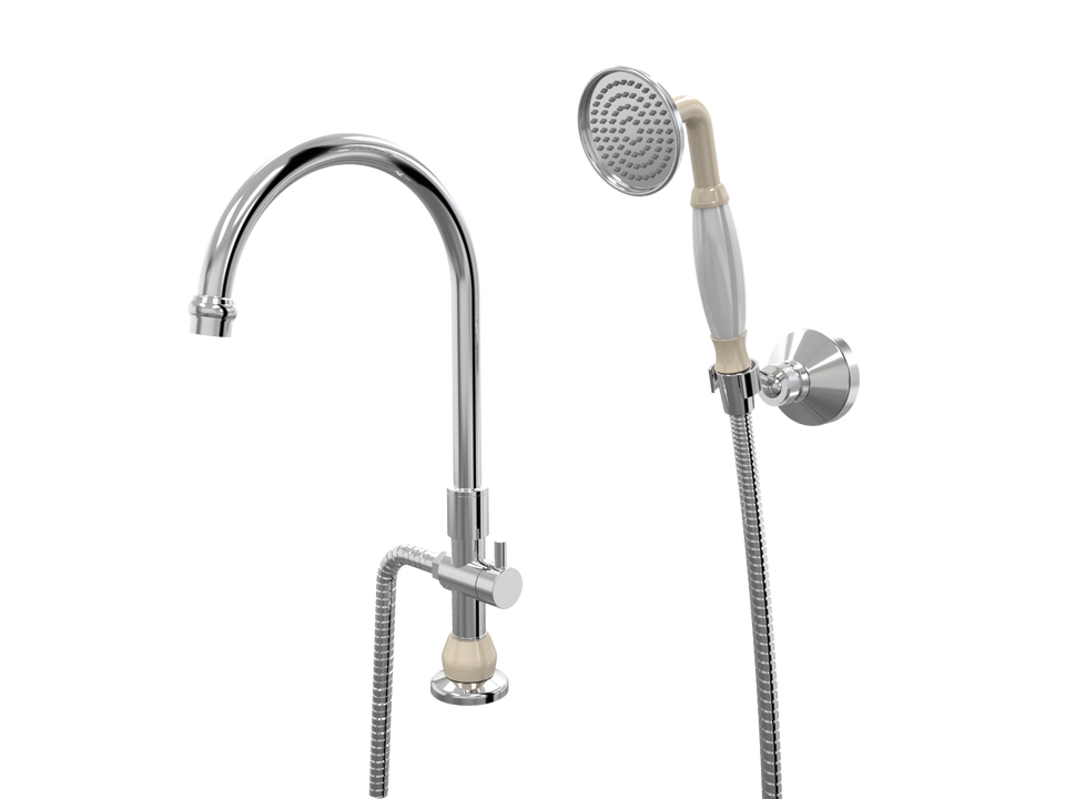 PAR Taps Tudor Spa Hob Swivel Divertor Outlet with Handshower &amp; Bracket - Chrome / Ivory (D31.042.2.04)