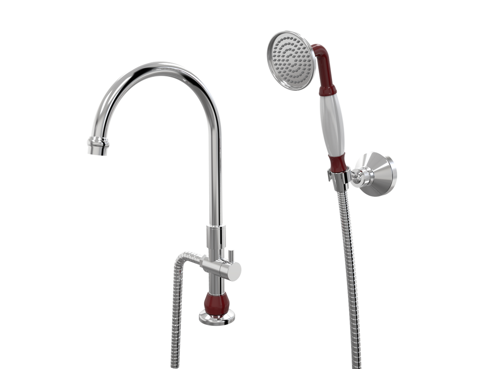 PAR Taps Tudor Spa Hob Swivel Divertor Outlet with Handshower &amp; Bracket - Chrome / Sienna Red (D31.042.2.06)