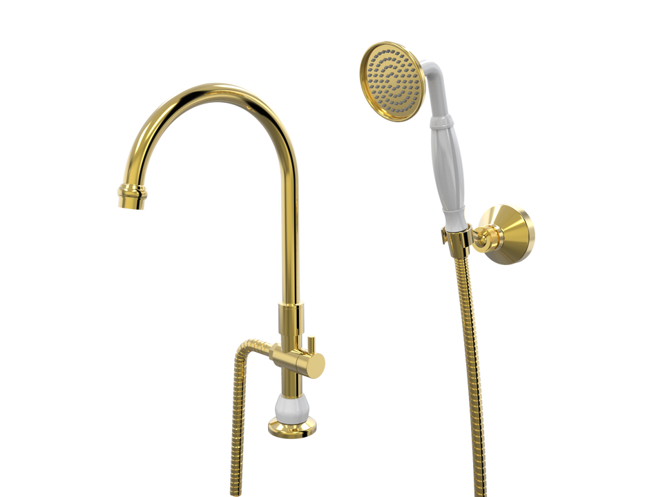 PAR Taps Tudor Spa Hob Swivel Divertor Outlet with Handshower &amp; Bracket - Gold / White (D31.042.2.13)