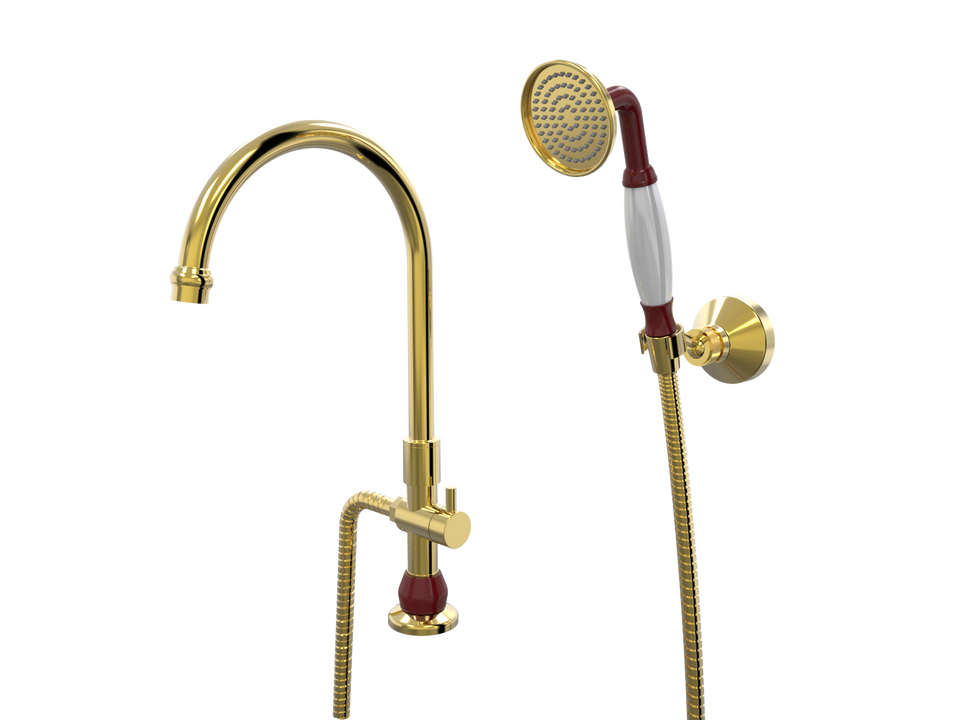 PAR Taps Tudor Spa Hob Swivel Divertor Outlet with Handshower &amp; Bracket - Gold / Sienna Red (D31.042.2.16)