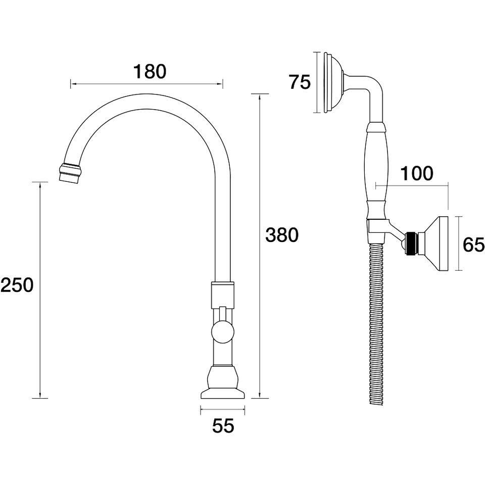 PAR Taps Tudor Spa Hob Swivel Outlet Divertor Outlet with Handshower & Bracket technical drawing (D31.042.2)