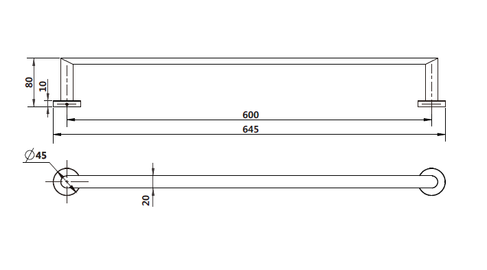 Modern National Eva Single Towel Rail 600mm technical drawing (EVA24BK)