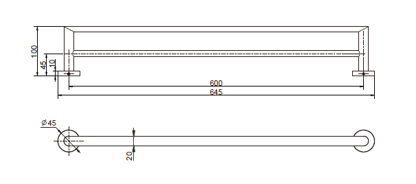 Modern National Eva Single Towel Rail 750mm technical drawing (EVA36BK)