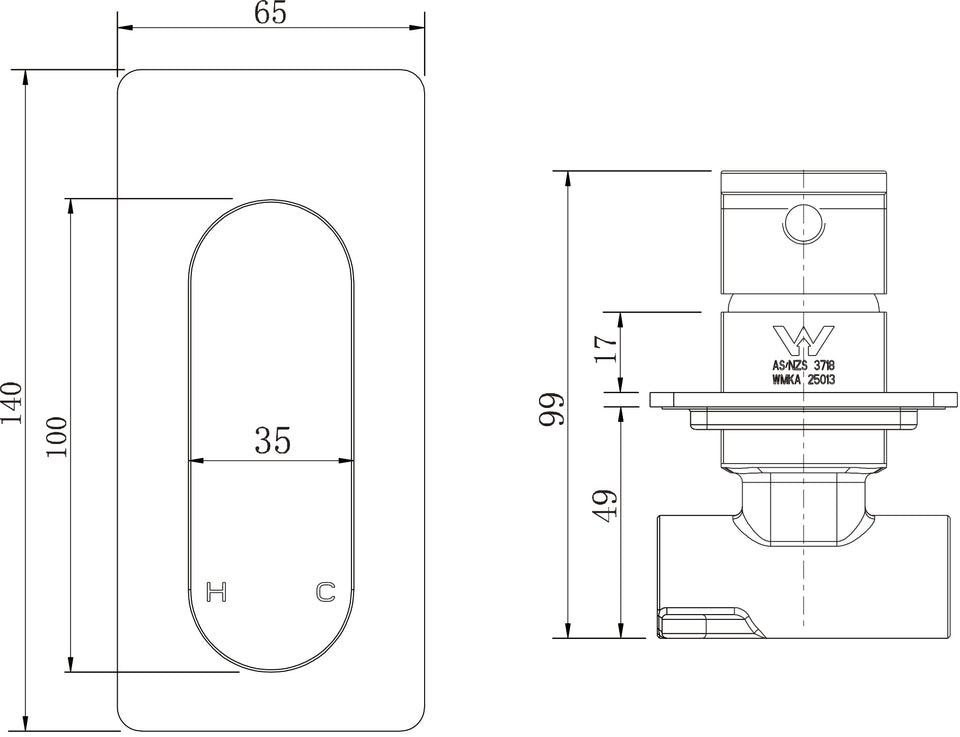 Modern National Eva Mini Shower Mixer technical drawing (EVAM008)