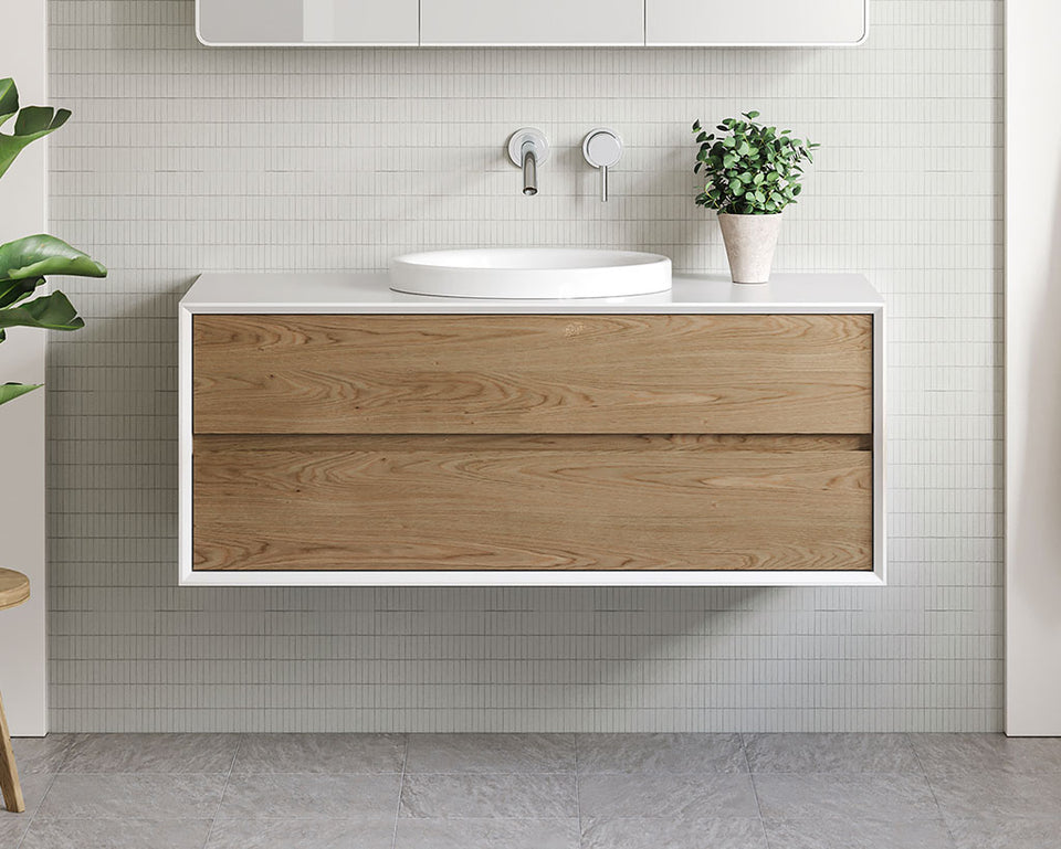 Timberline Custom Timberline Embrace Wall Hung Vanity with SilkSurface Wraparound Top and Above Counter Basin