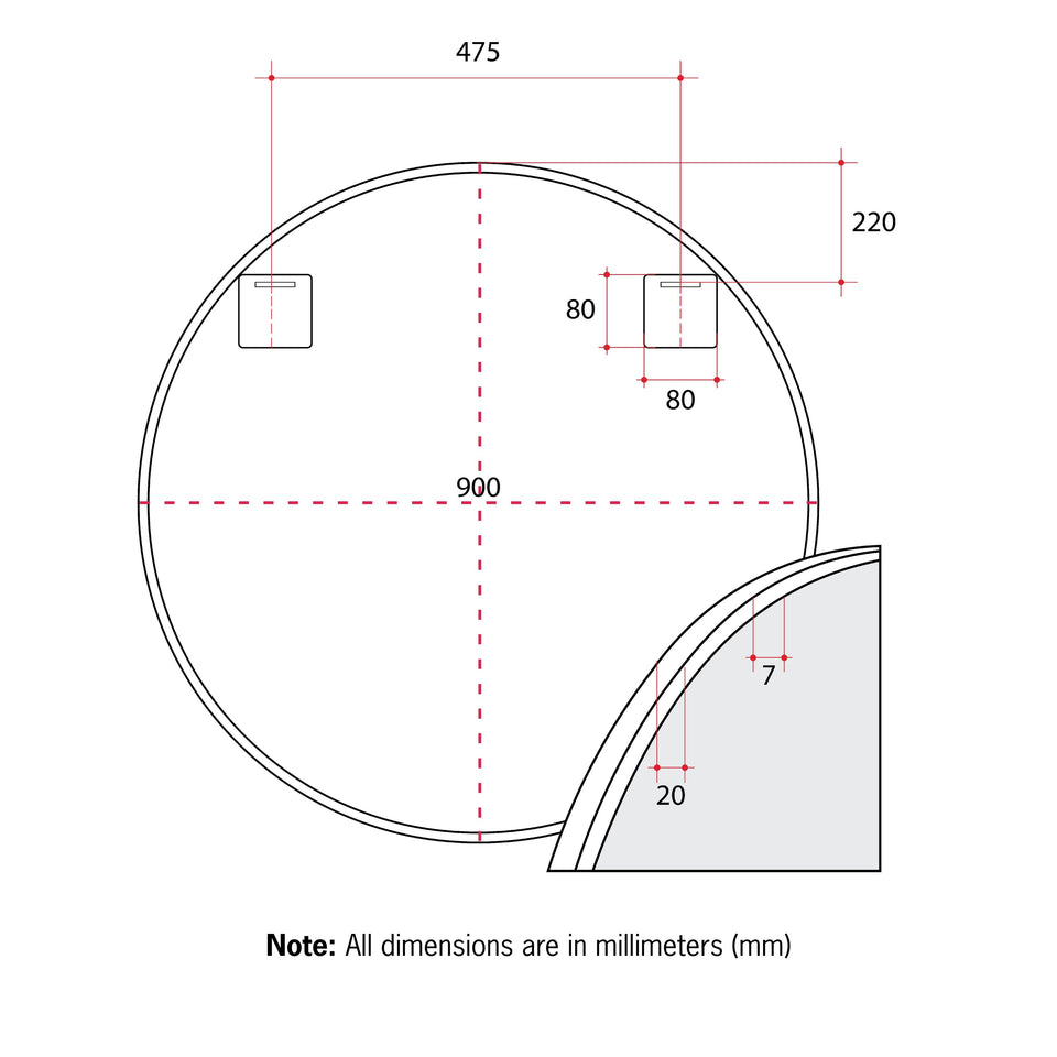 Ablaze GR9090W Round White Framed Mirror technical drawing (GR9090W)