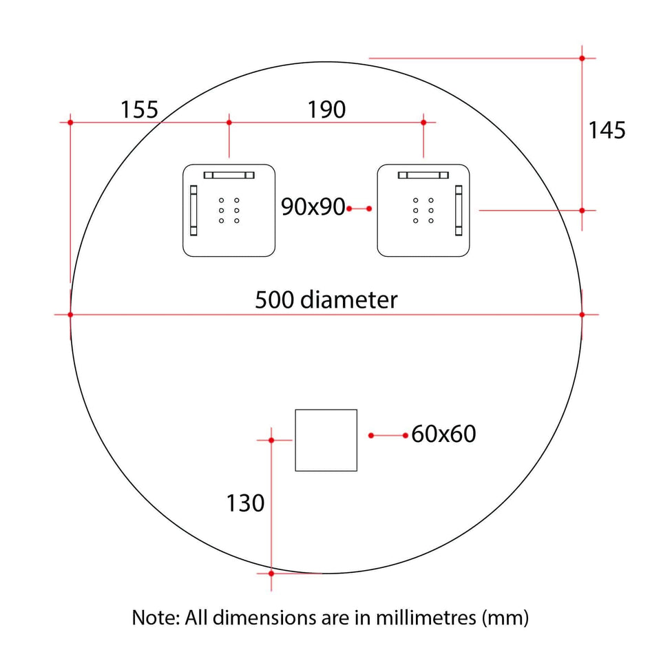 Ablaze KR5050HN Round 18mm Bevel Edge Mirror technical drawing (KR5050HN)