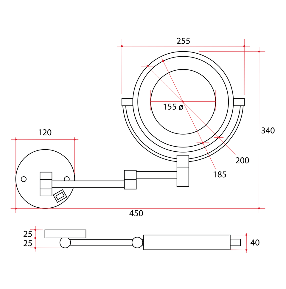Ablaze L155CSMCBN 1&5x Magnification Brushed Nickel Mirror with Light technical drawing (L155CSMCBN)