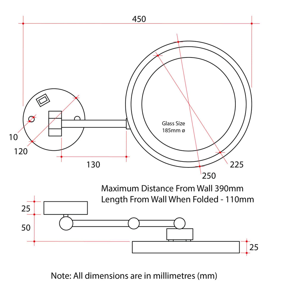 Ablaze L255CSME 5x Magnification Mirror with Light technical drawing (L255CSME)