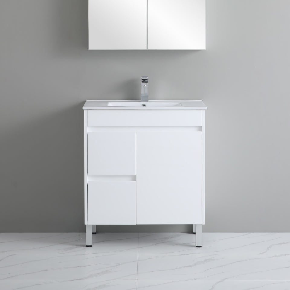 750x460x880mm Bathroom Vanity Thin Ceramic Top/Poly Top White Polyurethane PVC Freestanding Right Side Drawers - Poseidon P74RLG