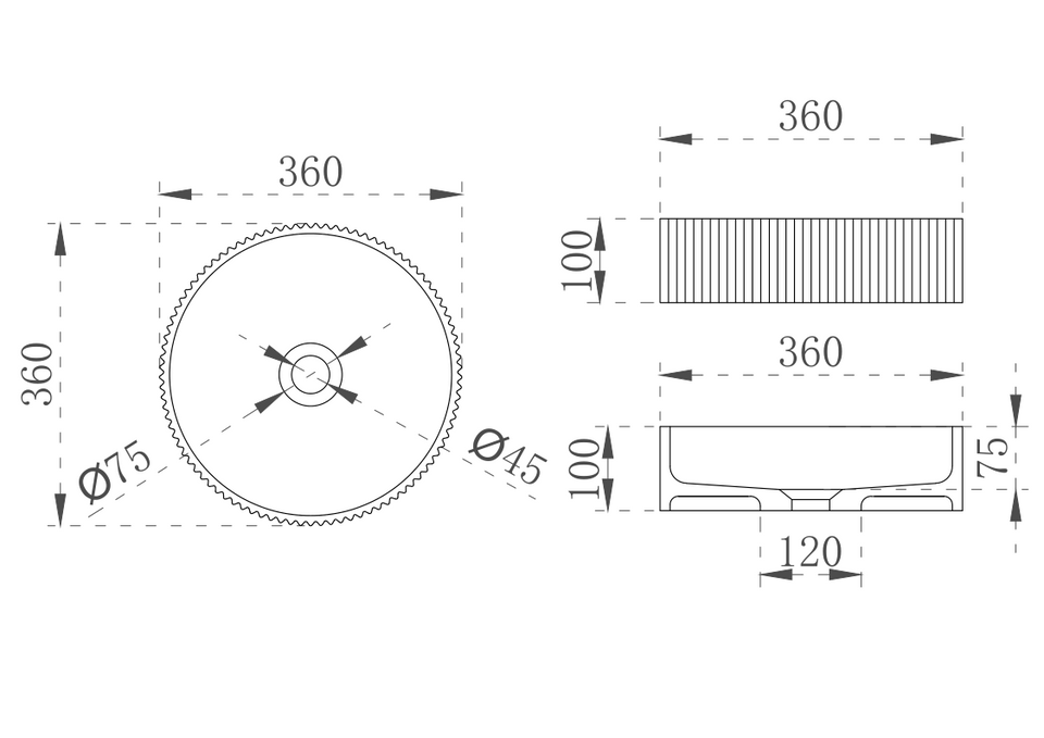 Wow V-Groove Translucency Round Above Counter Basin - technical drawing
