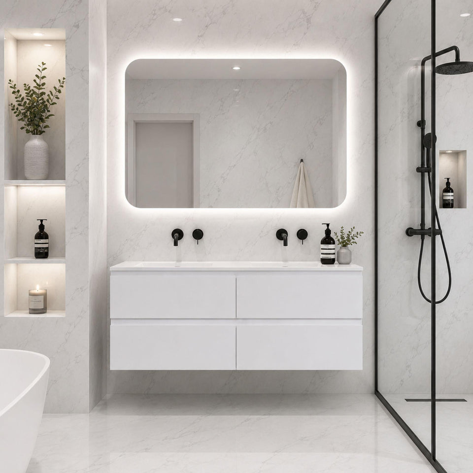LUKKA ALPHA GLOSS WHITE 1200MM DOUBLE BOWL WALL HUNG VANITY