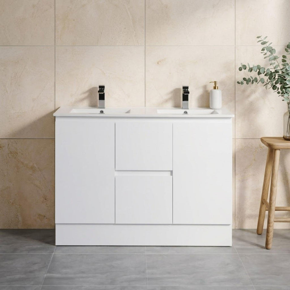 LUKKA ALPHA GLOSS WHITE 1200MM DOUBLE BOWL FLOOR STANDING VANITY WITH KICKBOARD