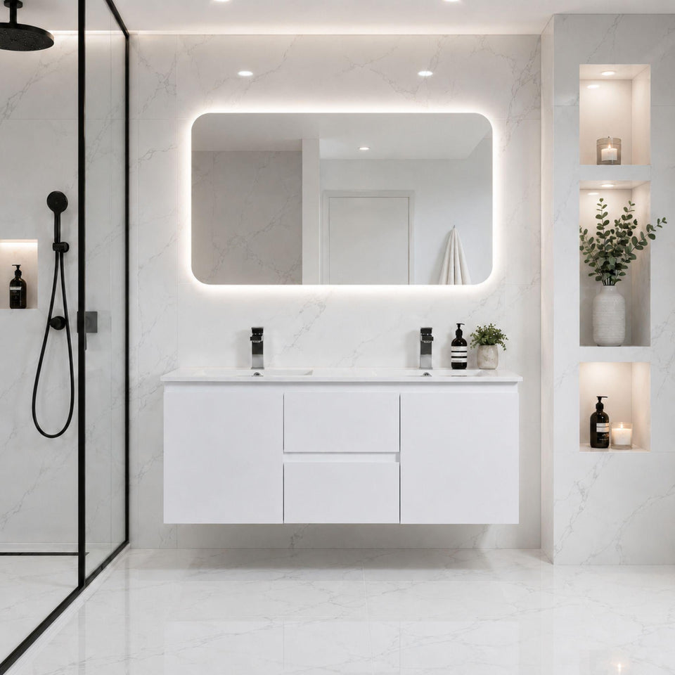 LUKKA ALPHA GLOSS WHITE 1200MM DOUBLE BOWL WALL HUNG VANITY