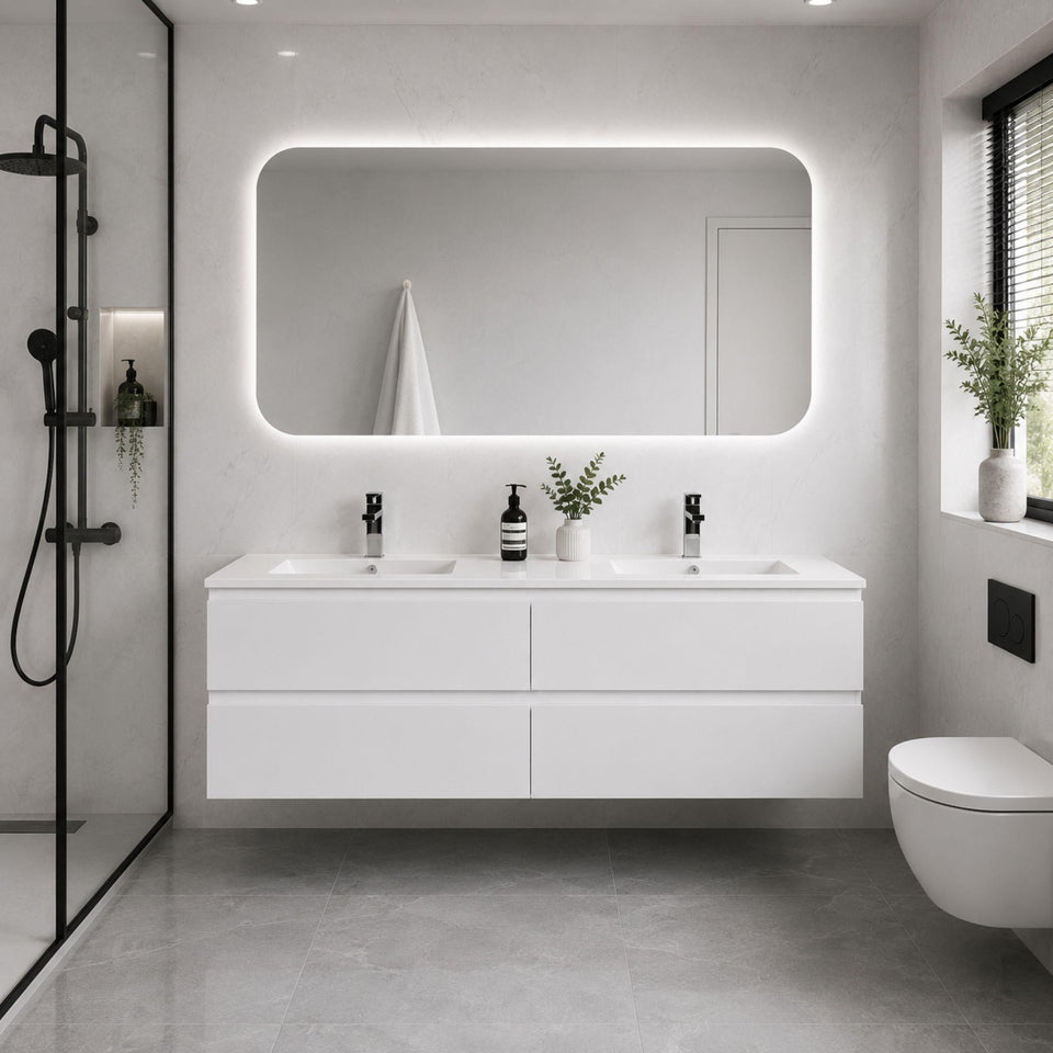 LUKKA ALPHA GLOSS WHITE 1500MM DOUBLE BOWL WALL HUNG VANITY