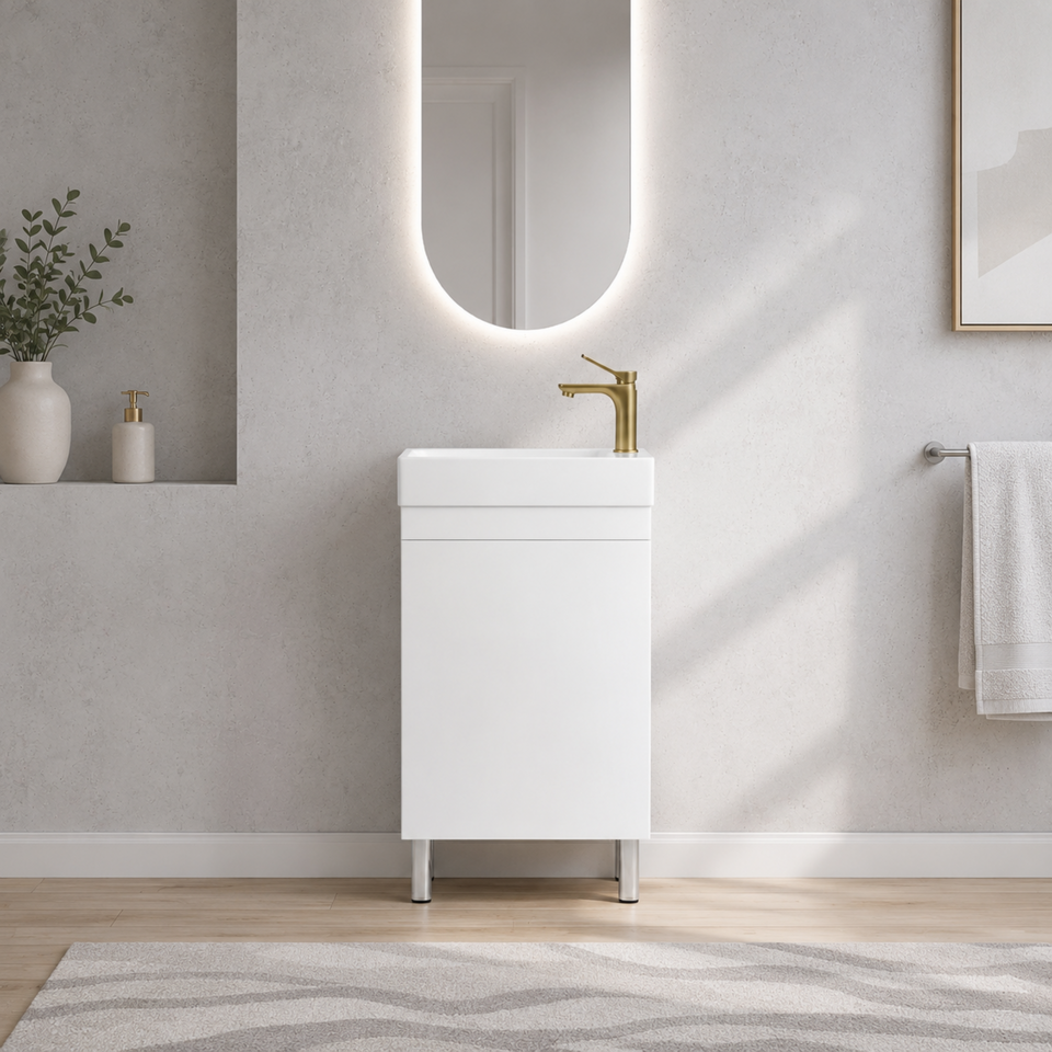 LUKKA ALPHA MINI GLOSS WHITE 450MM SPACE SAVING SINGLE BOWL FLOOR STANDING VANITY